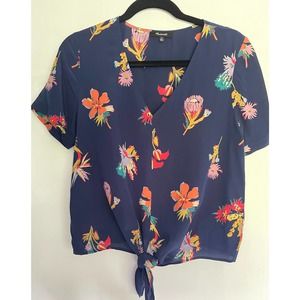 Women's Madewell Navy Floral Silk Tie Front Shirt Size Medium